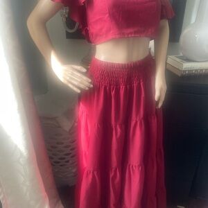 Two piece Red Smocked Tiered Maxi Skirt for Casual Wear size medium